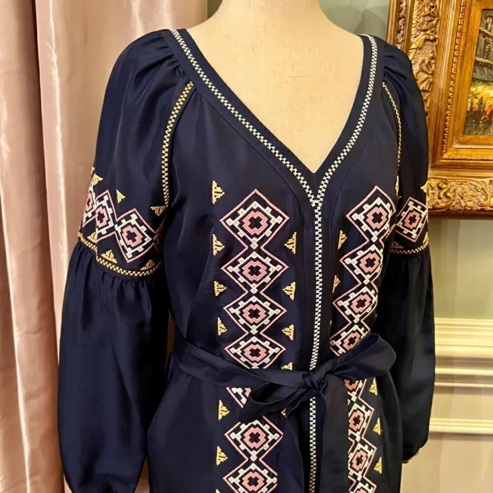 $450 NWT Tory Burch Katya Navy Green Embroidered Tunic Style Midi Dress Size 0